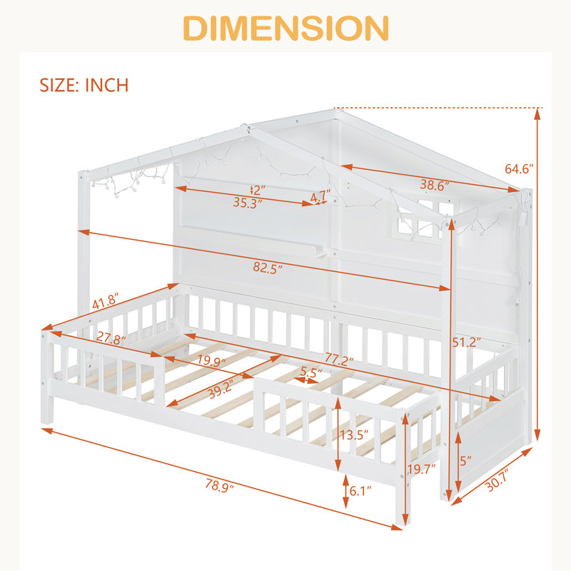 Lit simple avec tablettes, lit maison avec fenêtre et bande lumineuse étincelante sur le toit, Blanc
