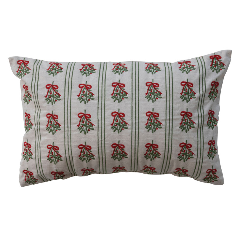Mistletoe Stripe Embroidered Cotton Lumbar Pillow