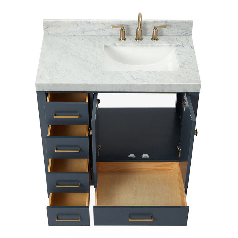 Ariel Cambridge 36 In. Right Offset Vanity With 2 In. Carrara Marble Countertop, Satin Brass, Midnight Blue