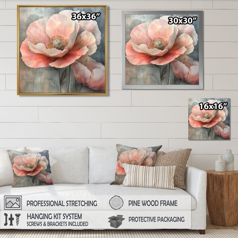 Pivoine rose délavée sur pierre - coquelicots, art mural, Reproduction encadrée d'une seule photo, Argent argent