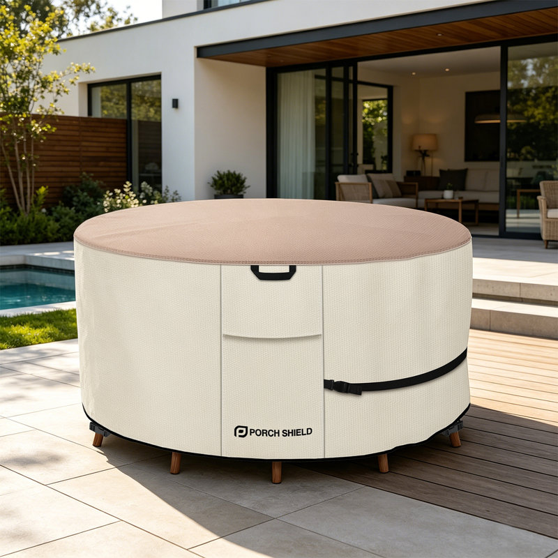  Housse ronde pour meubles de patio - Housse imperméable pour table et chaises d'extérieur 600D 600D, brun clair et kaki