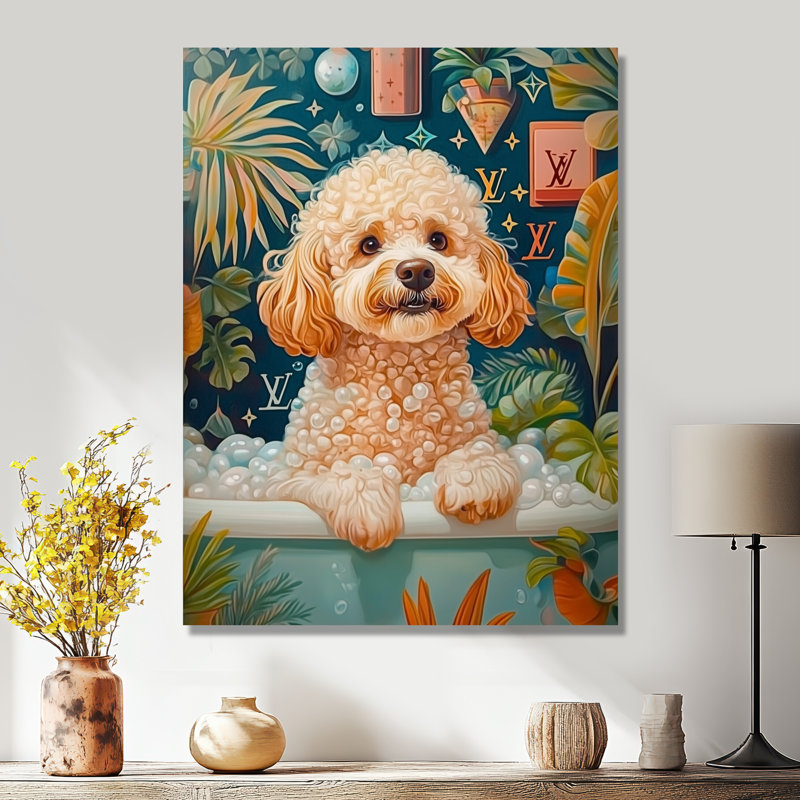Caniche chien bain temps bulles II - chien Wall Art salon, Toile tendue, H 40 po x l 30 po