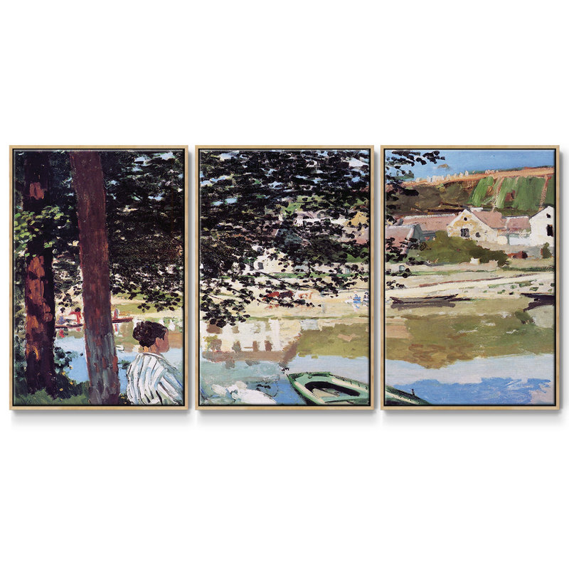 Monet - 3 pièces, reproduction encadrée sur toile, H 40 po x l 78 po x P 2 po, Naturel