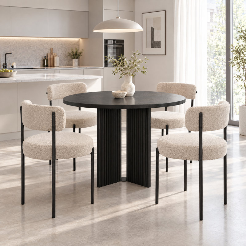 5-Piece Modern Round Dining Table Set With 4 Boucle Upholstered Chairs, Black, Beige