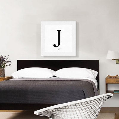 "Modern" noir et blanc, gris, alphabet Serif, lettre J - reproduction d'art textuel sur toile tendue