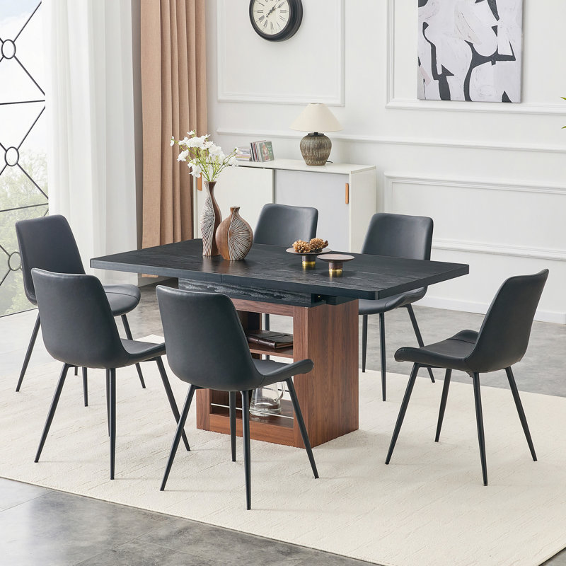 Ensemble de table de salle à manger extensible et de chaises, table coulissante de 59 à 71 po, jumelée à 6 chaises en polyuréthane artificiel avec coussins incurvés. Convient pour les salles à manger, les bureaux, etc.
