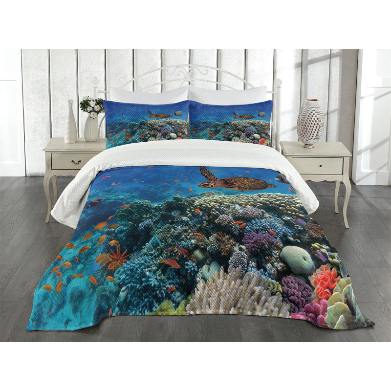 Ambesonne Fish Bedspread Set Tropical Turtle Water Multicolor, Queen Bedspread + 2 Standard Shams
