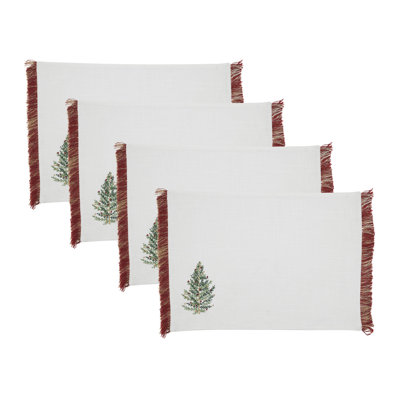 Napperons de Noël brodés (ensemble de 4) - Napperons des Fêtes avec décoration d'arbre brodé et frange décorative