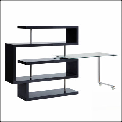 Modern Glass Top Writing Desk with Swivel Function and Open Shelf Storage, Perfect for Home or Office Use.