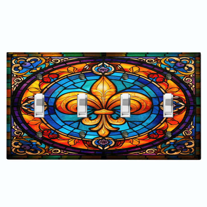 Couvercle de plaque d'interrupteur en métal; Bascule à 4 bandes standard des États-Unis - image imprimée du vitrail Fleur de lis