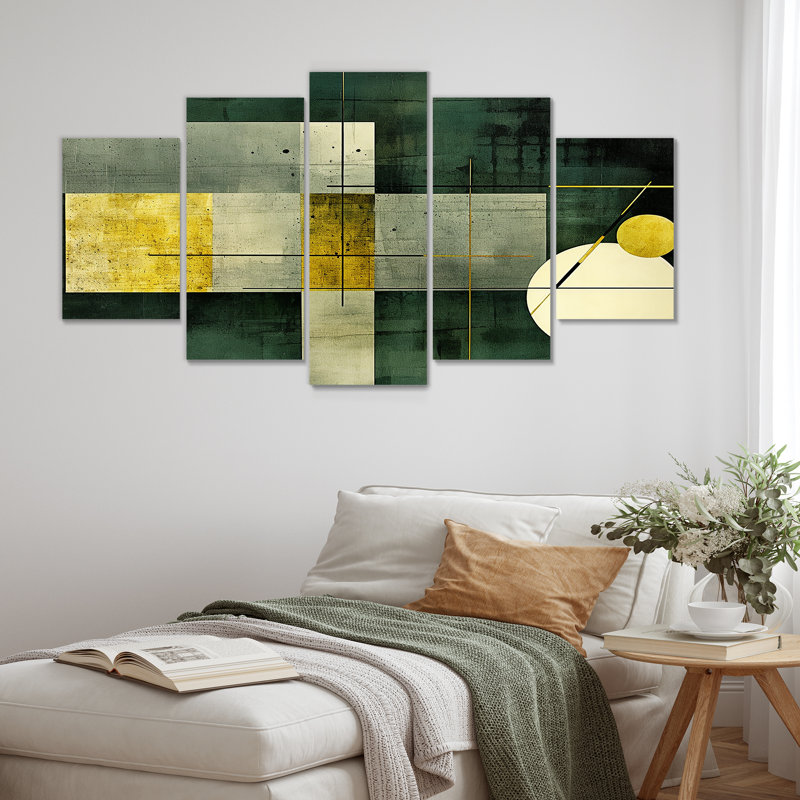 Ensemble de 5 art géométriques rétro vert blanc or - vagues modernes abstraites, H 32 po x l 60 po