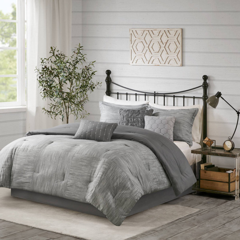 Walter 7 Piece Printed Weave Seersucker Comforter Set, Queen Comforter + 1 Bed Skirt + 2 Shams + 3 Decora, Gray