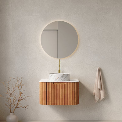 24" Bathroom Vanity & Sink, Floating Curved Edges Striped Storage Cabinet with Drawer, Matte Stone Round Ceramic Basin & Carrara Artificial Marble Top, Pre-assembled