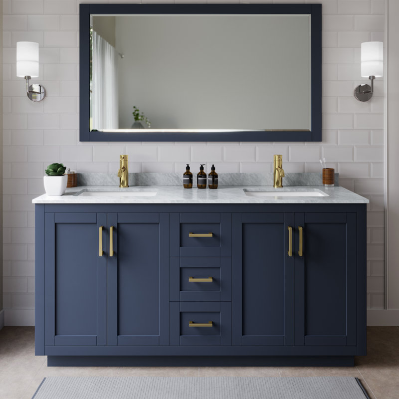 Miranda 66" Freestanding Double Bathroom Vanity with Marble Top with 58" Mirror, Gold, Dark Blue