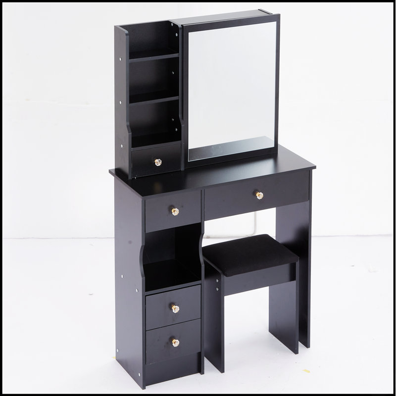 Petit meuble-lavabo de 29,2 po avec tabouret de bureau et tabouret rembourré, très grand miroir coulissant à droite, rangement multi-couches à grande capacité, commode pratique et pratique, convient aux petits espaces