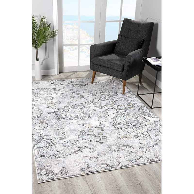 Tapis gris / blanc en polyester tissé à la machine 4 pi x 6 pi Floral