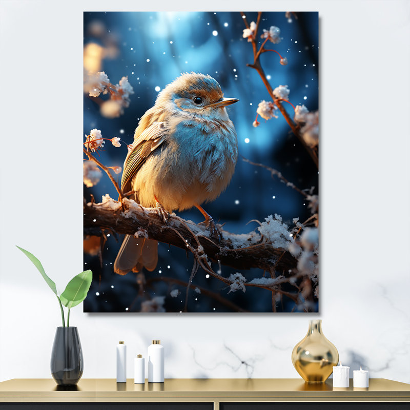 Oiseau bleu en hiver, sérénité I - oiseau, art mural, Toile tendue, H 44 po x l 34 po