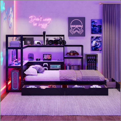 Gaming Daybed with Integrated Desk and LED Light, Modern Wooden Bed Frame with 3 Storage Drawers and Built-in Charging Station, Multi-Functional Headboard Bookcase