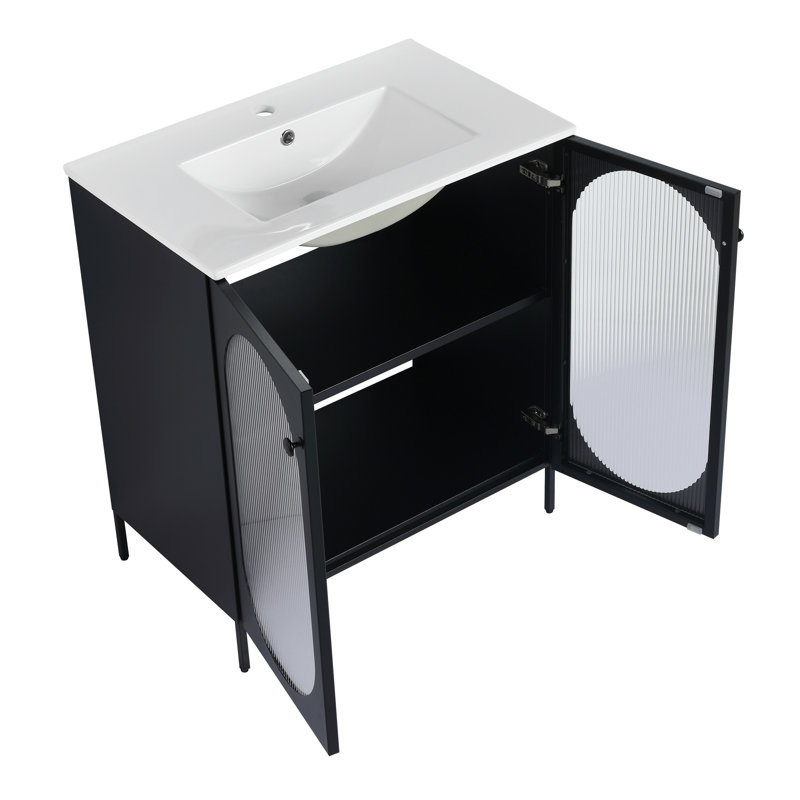 30" Freestanding Bathroom Cabinet, Ceramic Sink, Cold Rolled Steel, And Heat-, Modern Double-door Style, Adjustable Shelving, Metal Handles, Black Bath Vanity With Washbasin - Steel System