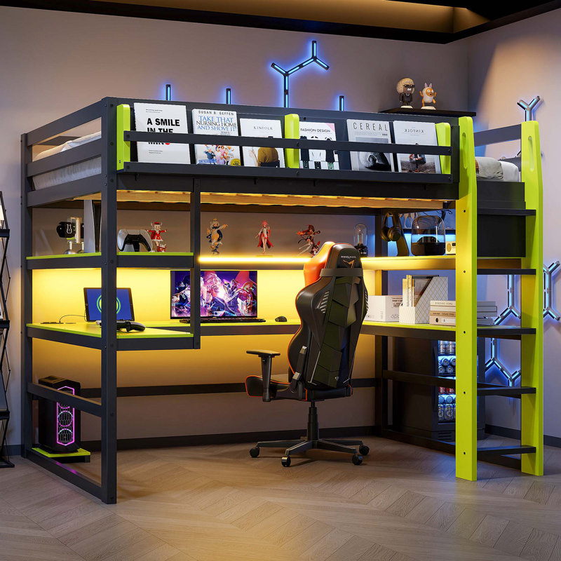 Lit mezzanine en bois avec bureau intégré et système d'éclairage RVB, Green;Black