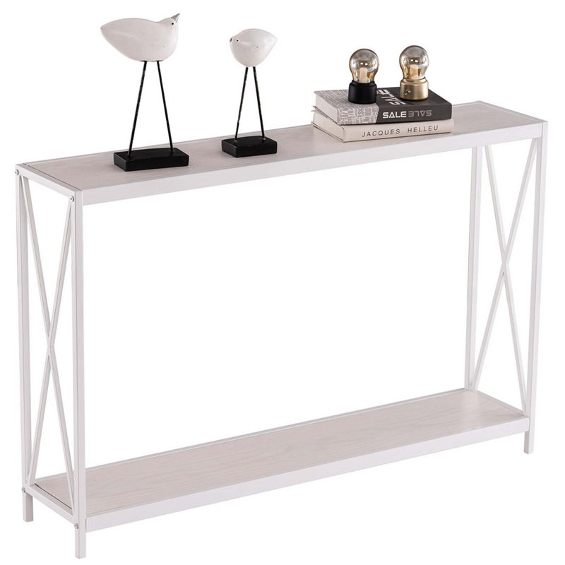Cross Iron Frame Porch Table Sofa Side Table, Beige/White