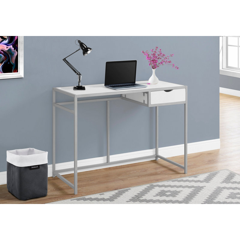 Bureau d'ordinateur, bureau personnel, ordinateur portable, tiroir de rangement, L 42 po, travail, stratifié blanc, métal argenté, contemporain, moderne