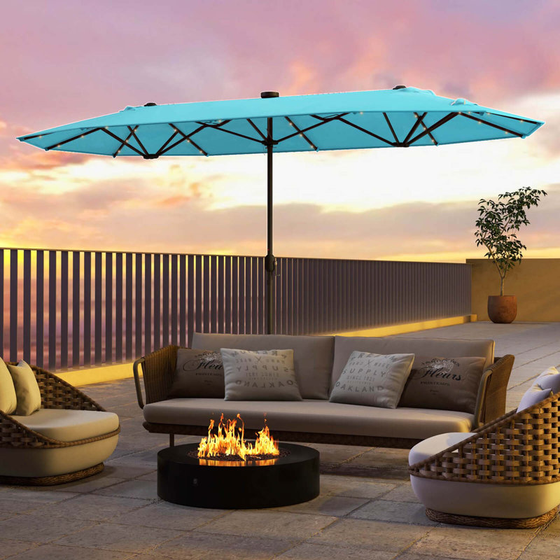 Parasol de patio à double face 13 pi avec lumières solaires et manivelle turquoise