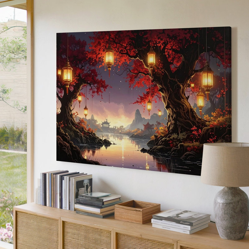 «Lantern River Serenity Canvasmystical Red Forest and Pagoda Night», art mural, H 16 po x l 20 po