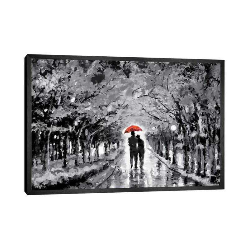 Park In Love Red Umbrella by P.D. Moreno - Painting on Canvas, Black Floater Framed, 66.04cm H x 101.6cm W x 3.81cm D
