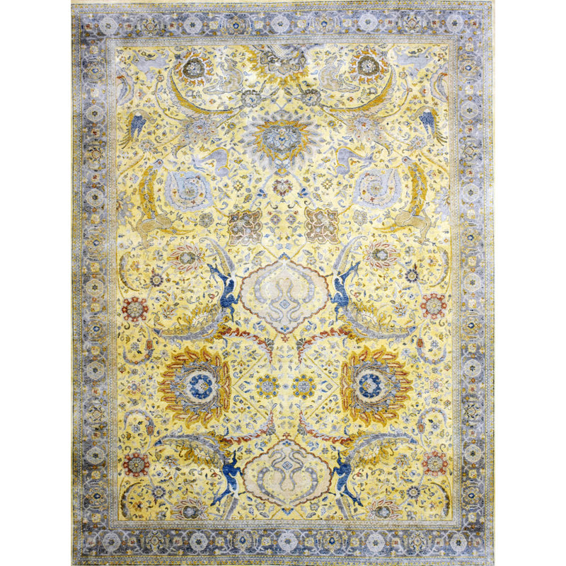 Tapis oriental en laine / soie noué à la main rectangulaire jaune / bleu, Rectangle 6 pi x 9 pi