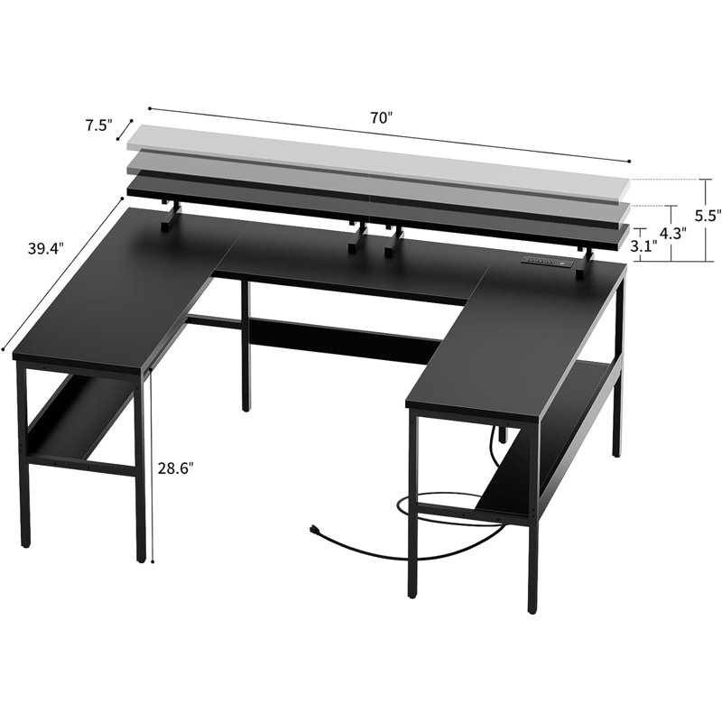 Winstonn 70'' U-Shaped Reversible Computer Desk with Height Adjustable Monitor Stand, Black