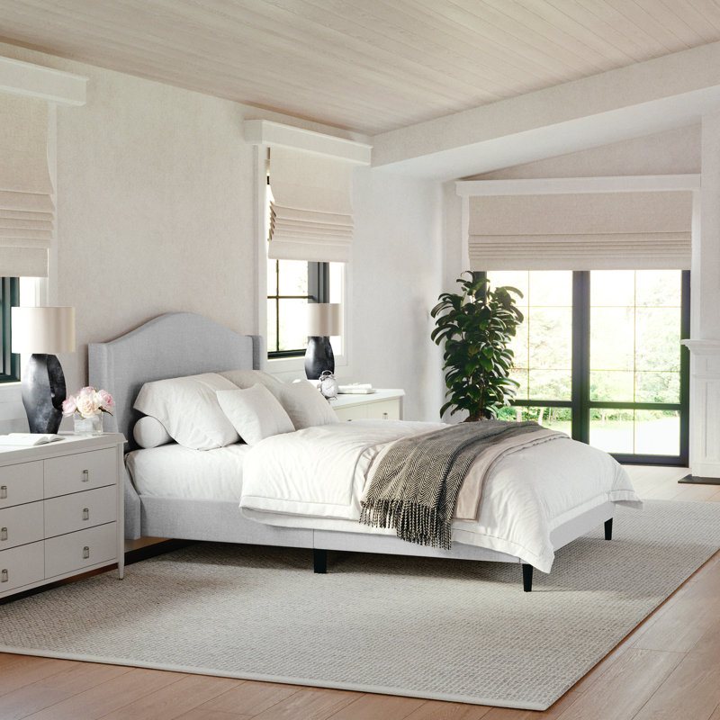 Martha Stewart Amelia Upholstered Platform Bed With Curved Headboard, Queen, Cream