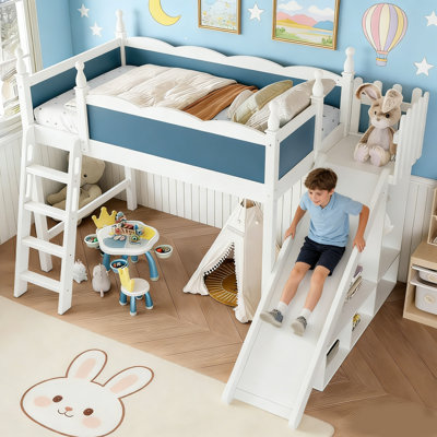 Twin Loft Bed With Slide And Storage, Solid Wood Frame With Wardrobe And Safety Guardrails, No Box Spring Needed, Blue And White Finish