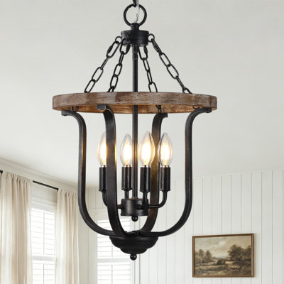 14" Wood Chandelier 4-Light Farmhouse Cage Chandelier, Metal Adjustable Chain Lantern Pendant Light for Dining Room