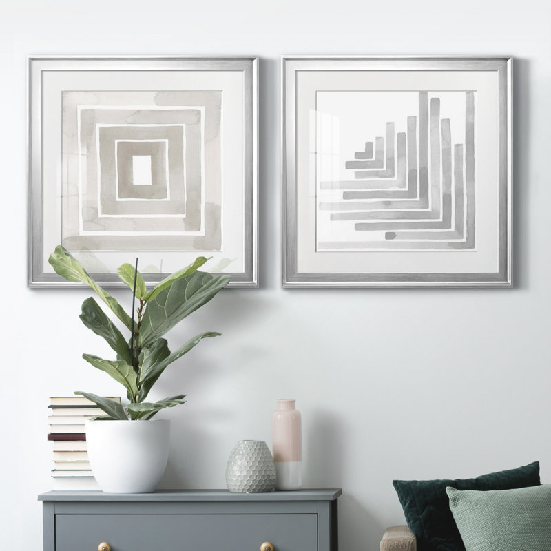 «Mute Eccentricities V», ensemble de 2 reproductions d'art encadrées, Papier avec cadre argenté, Blanc