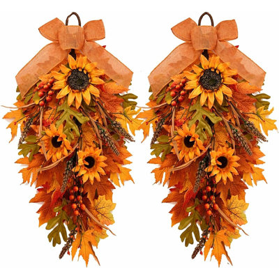2 Pack Autumn Sunflower Teardrop Swags with Burlap Bow, Rustic Farmhouse Fall Door Decor, Handcrafted Seasonal Hanging Accent for Front Door, Porch, Wall and Home Decoration
