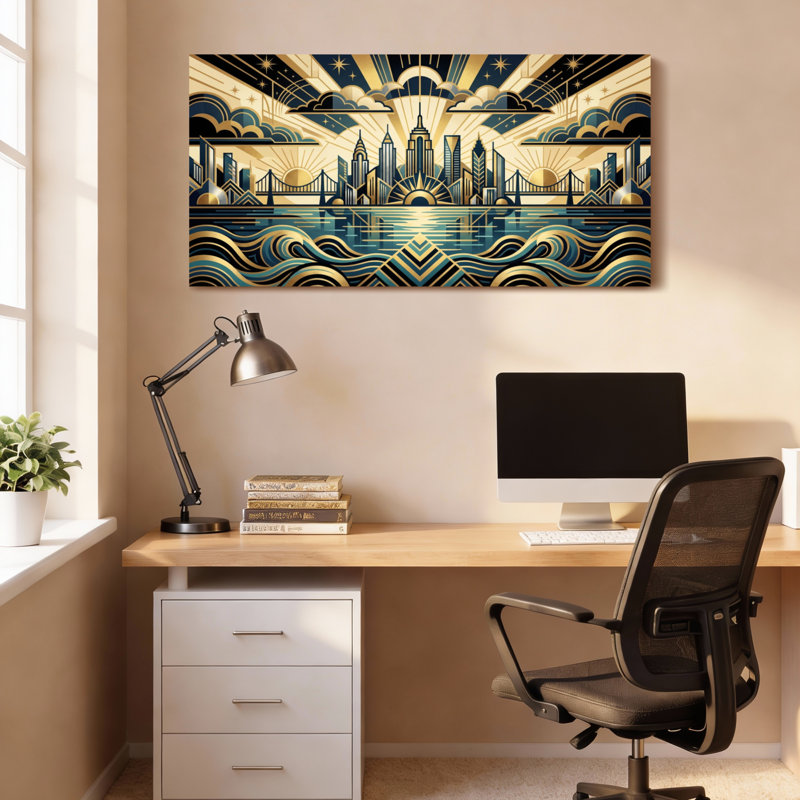 Ensemble de 1 tableau sur toile Art Déco représentant un paysage urbain, H 24 po x l 48 po