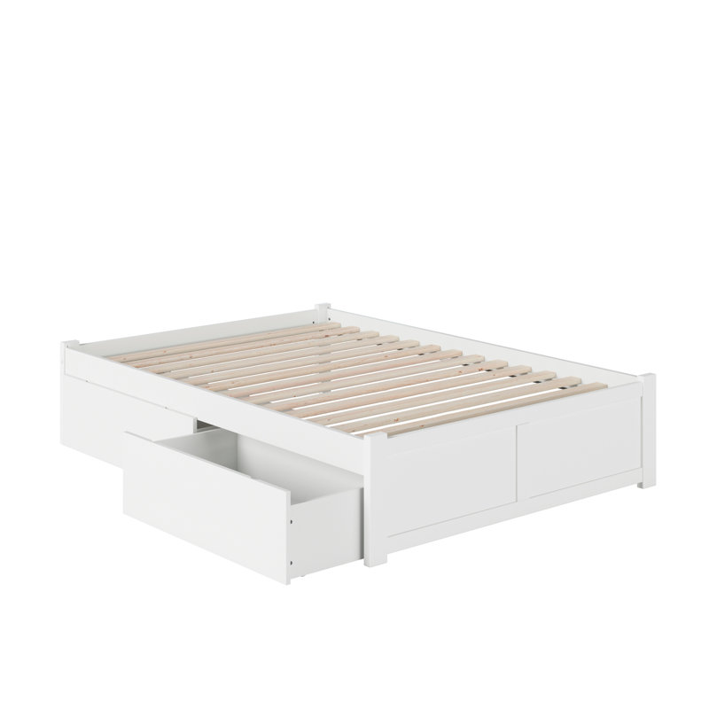 Lit plateforme de rangement avec pied de lit en bois massif et tiroirs sous le lit Concorde, Lit double, Blanc