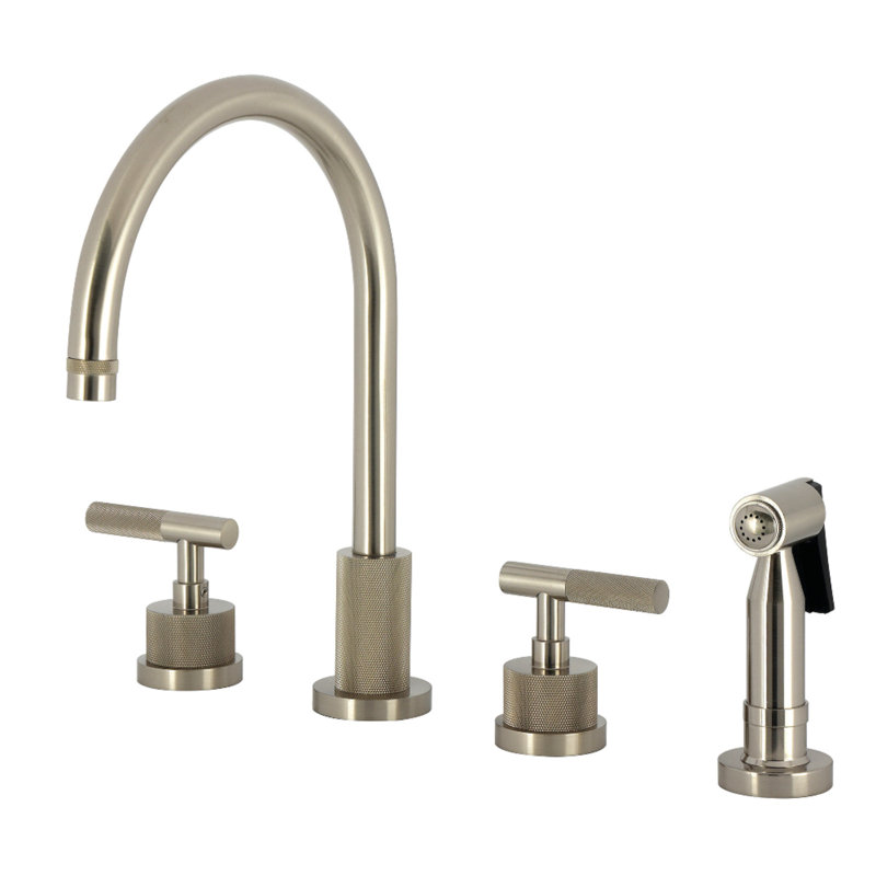 Kingston Brass Convergent Double-Handle 4-Hole Widespread Kitchen Faucet With Knurled Handle 4-Hole And Brass Sprayer