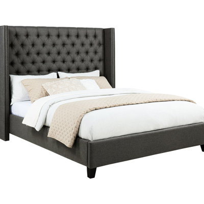 Queen Wingback Bed With Grey Fabric, Button Headboard And Solid Birch Frame For Bedroom