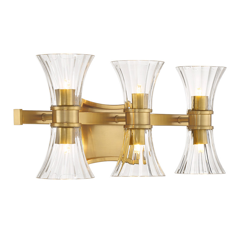 Warm Brass 6-Light Vanity with Clear Ribbed Glass Shades