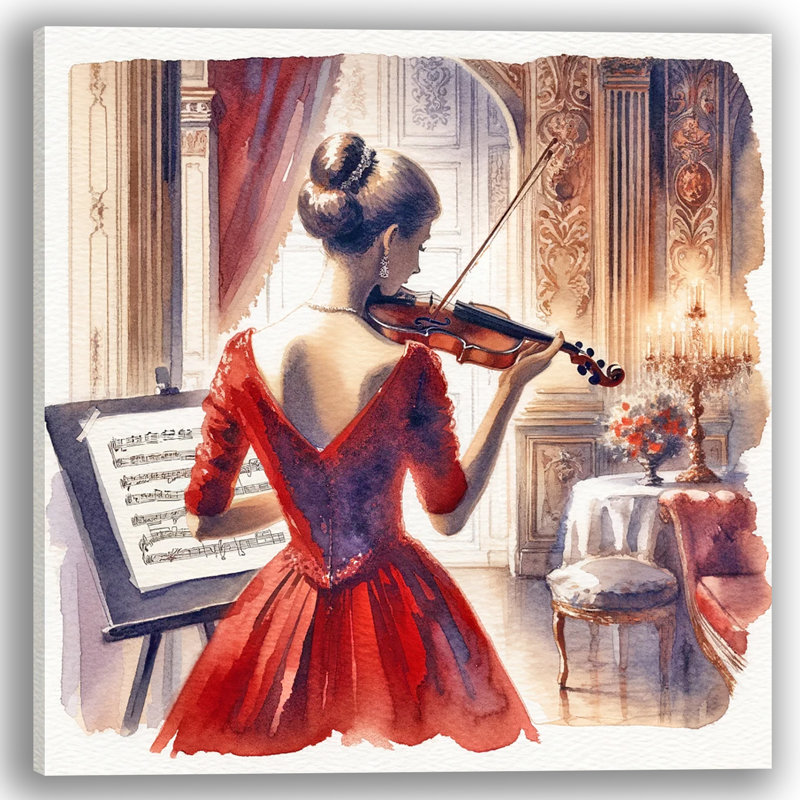Elegant Sonata Violoniste classique en robe rouge, H 12 po x l 12 po x P 1 po