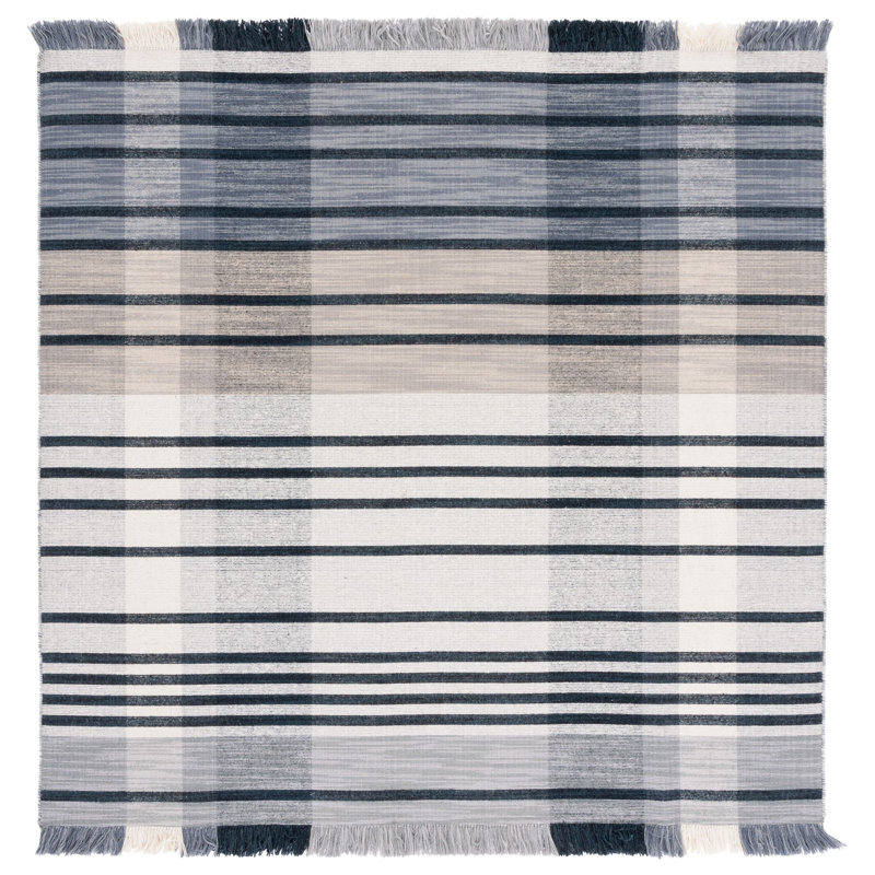 Anjail Flat Weave Wool/Cotton Plaid Rug in Light Gray/Black, Square 6'