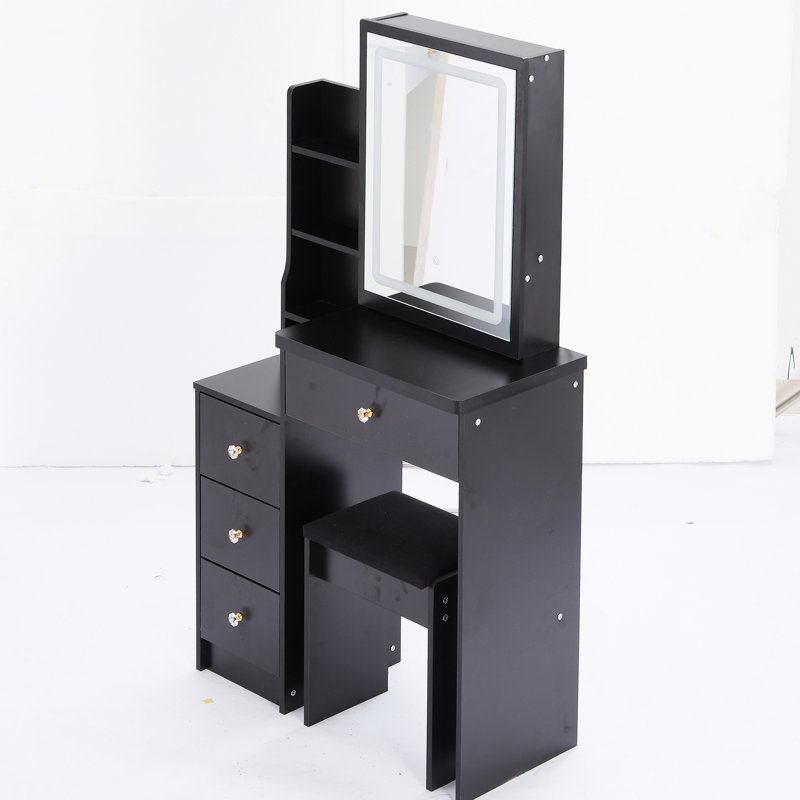 Small Size Vanity Table With Touch-control Led Mirror, Color & Brightness Adjustable, Cushioned Stool, , Black, Space Saving Concept Small Soft Stool Touch Control Switching And Adjustable , Black