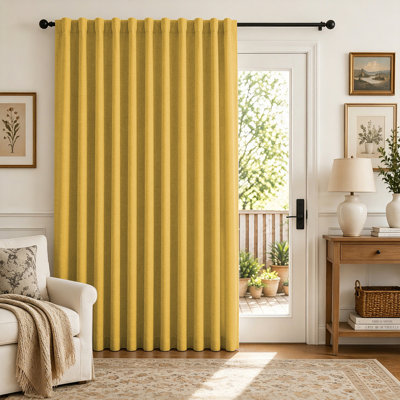 Faux Linen Blackout Curtain Panel, Room Darkening Thermal Insulated Drapes for Bedroom and Living Room, Yellow 100" W x 108" L