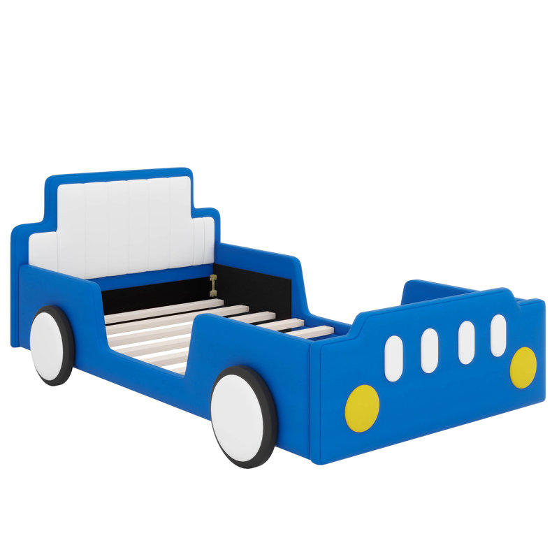 Lit plateforme simple inspiré des voitures de course avec roulettes, Bleu