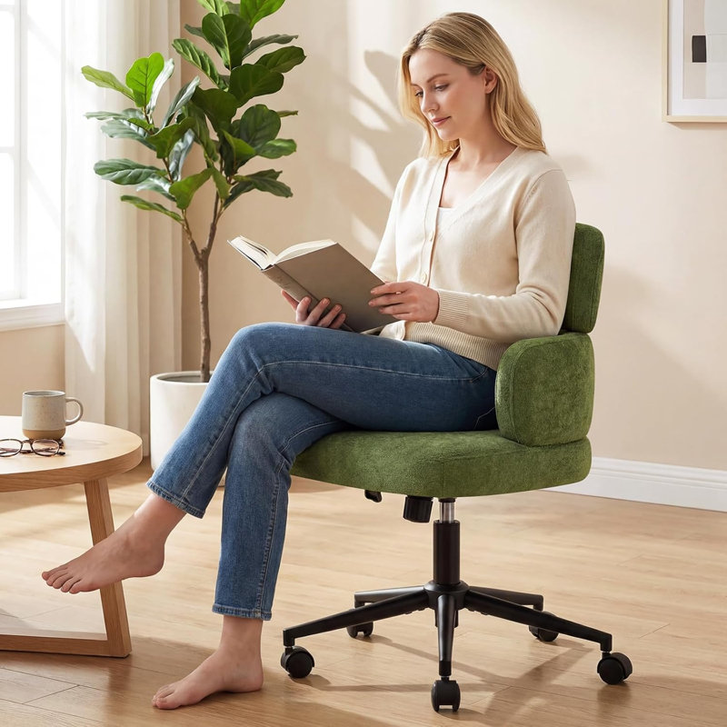 Upholstered Swivel & Adjustable Height Office Chair, Clover-shaped Desk Chair with Armrest, Green