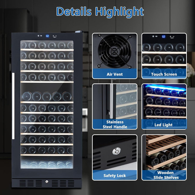 133-Bottle Wine Fridge, Freestanding Compressor Cooler with Lock, 41–64°F Digital Control, Large Cellar