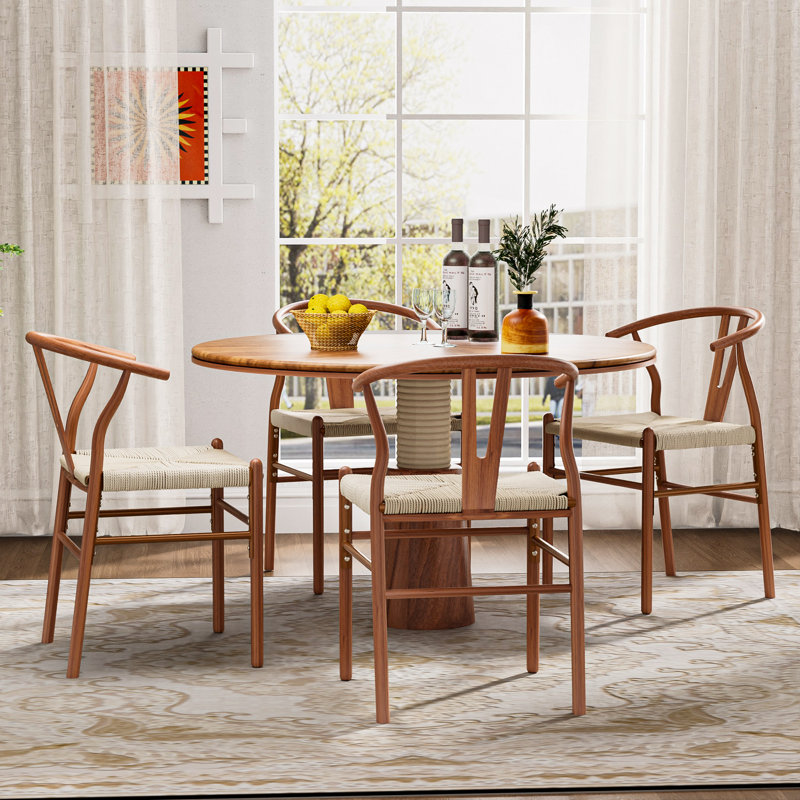 Wishbone Chair Solid Wood Y-Back Dining Chairs , Beige/Walnut