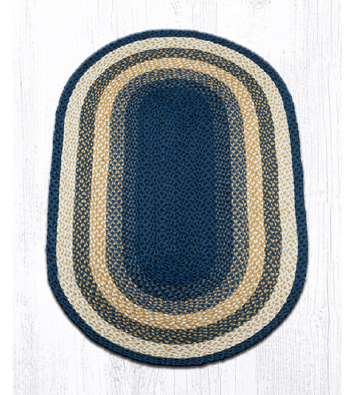  Tapis tressé ovale bleu clair, bleu foncé et moutarde - qualité artisanale, Ovale 3 pi x 5 pi